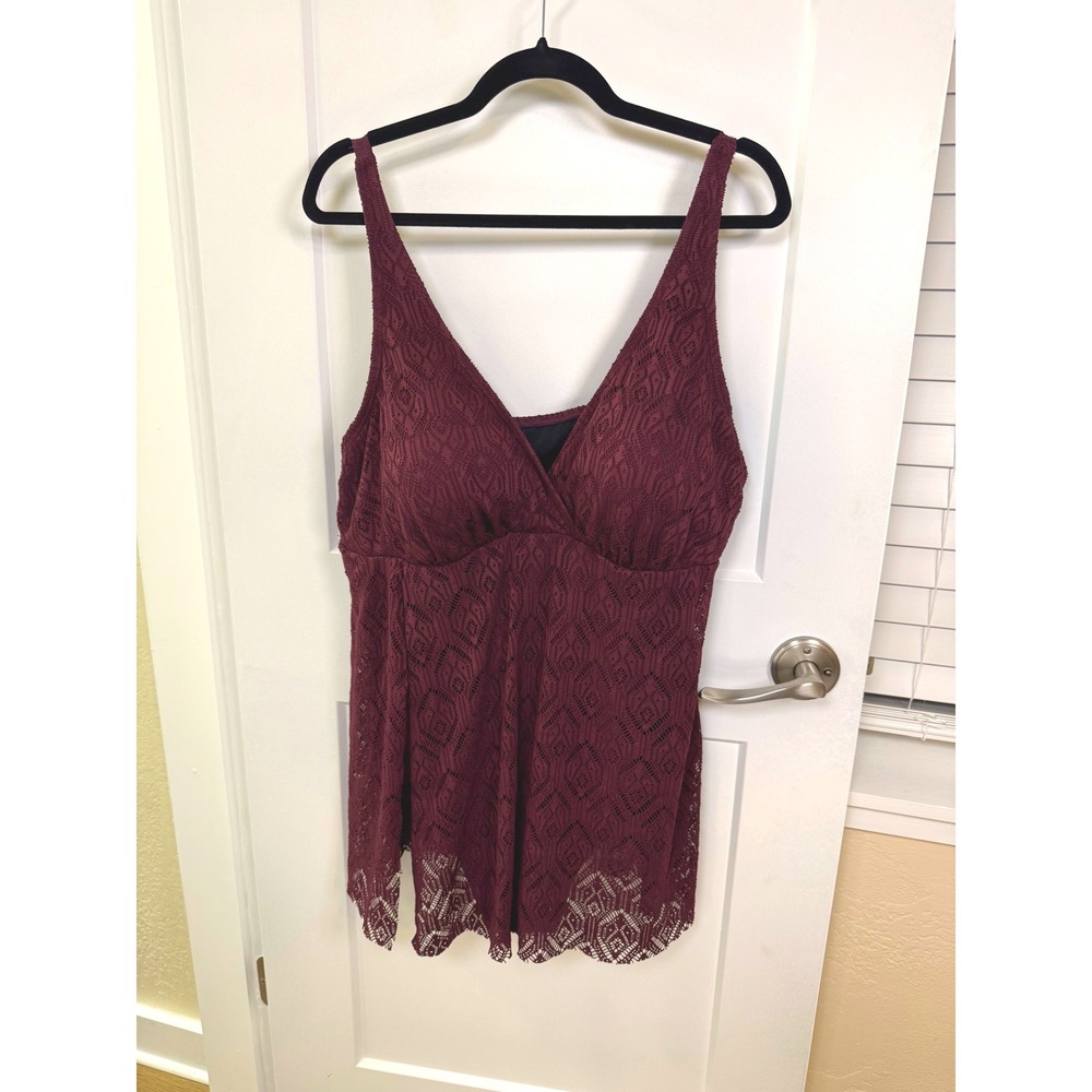 Swimsuits For All Burgundy Lace Crochet Swimdress One Piece Swimsuit Size 24